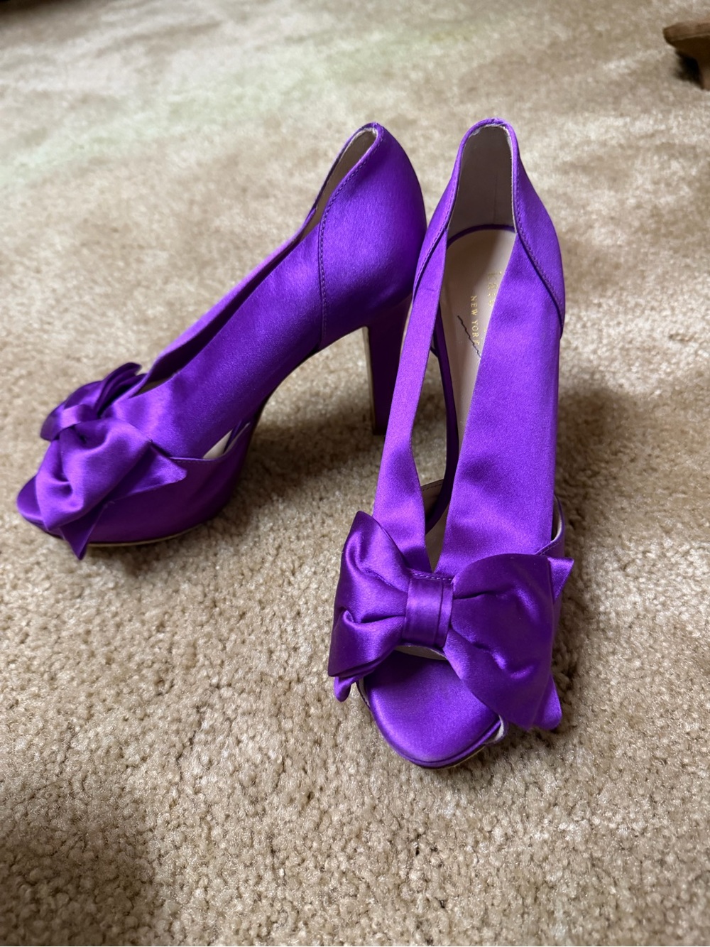 kate spade Vibrant Purple Satin Peep-Toe Heels with Bow Accent